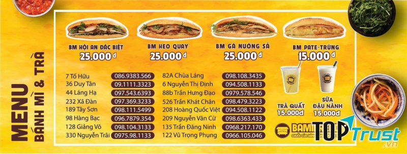 Menu tại quán
