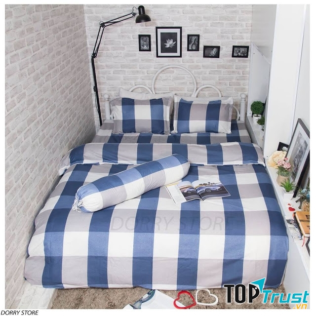 Bộ chăn ga gối họa tiết caro đơn giản, sang trọng