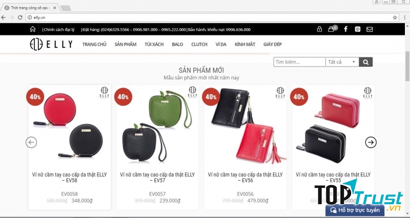 Website của ELLY và các mẫu túi xách.