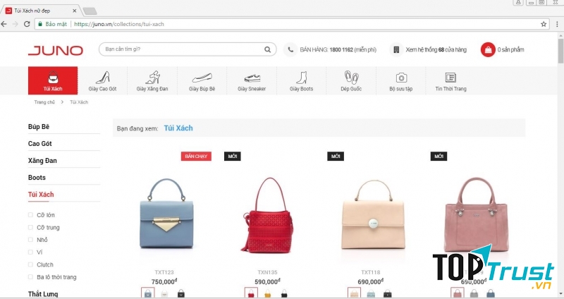 Website của Jundo và các sản phẩm túi xách.