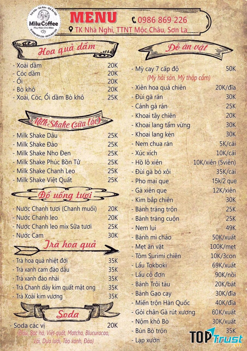Menu của Milu Coffee.
