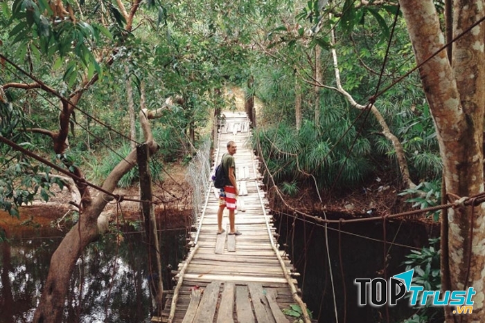 Cây cầu treo dẫn vào suối Đá Bàn