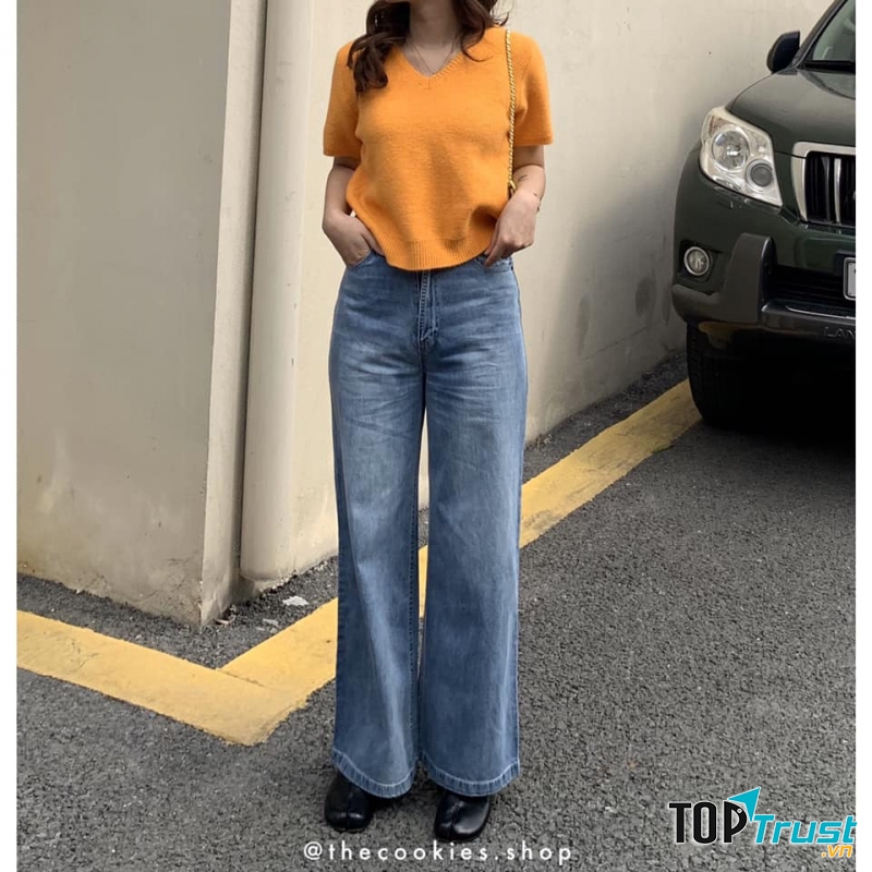 Set quần jeans ống rộng mix áo len form rộng