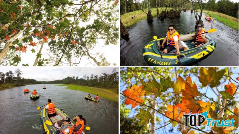 Chèo thuyền trên hồ Tuyền Lâm để vào khu rừng lá phong đang thay màu áo