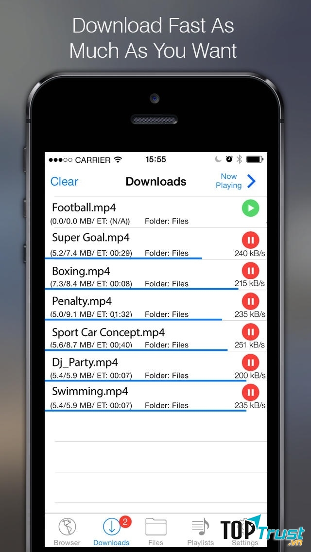 Ứng dụng cho phép tải nhiều video cùng lúc tùy theo chất lượng mạng.