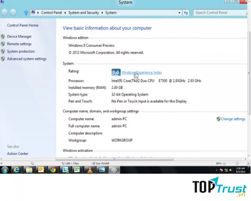 Tới hôp thoại System Properties với Windows + Pause/Break