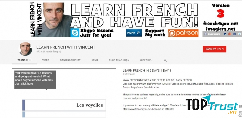 Đây là trang giao diện của Vincent một trong những giảng viên dạy tiếng Pháp hay nhất hiện nay