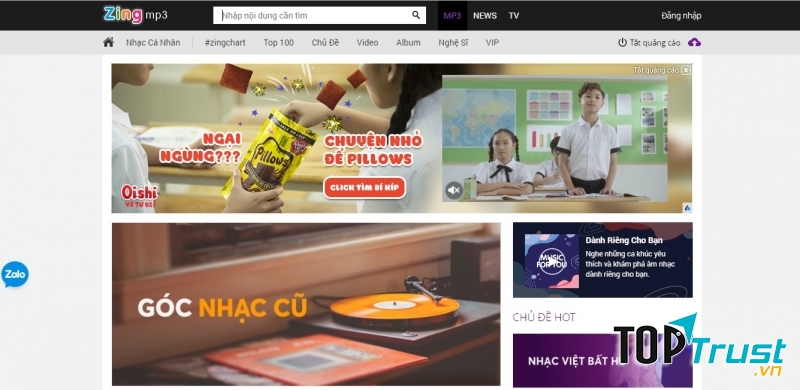 Giao diện trang web Zing Mp3