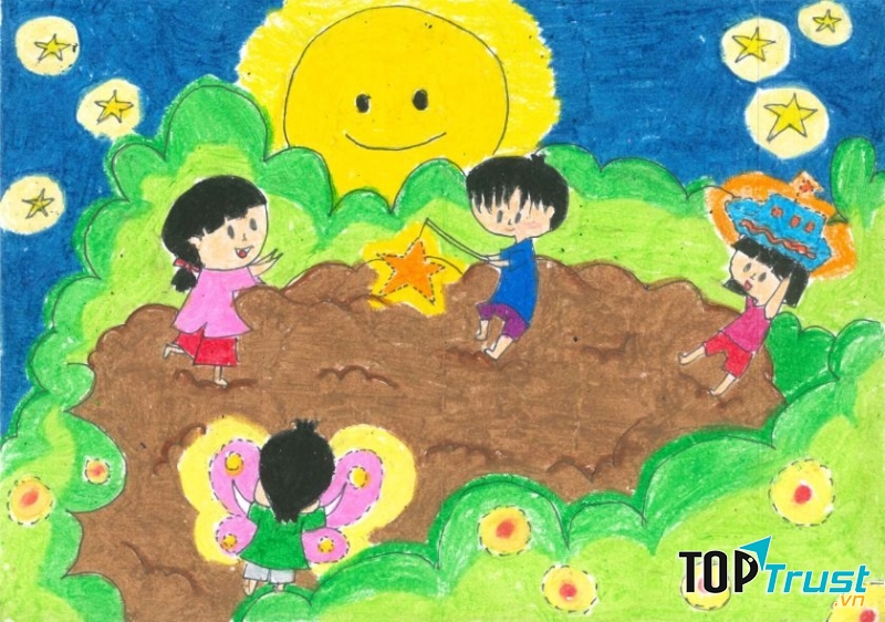 Bức tranh vẽ trung thu: bé vui trung thu cùng trăng