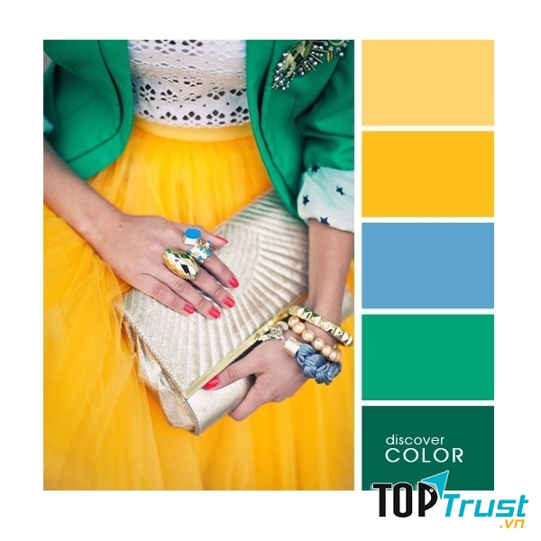 Gợi ý phối màu trang phục: Xanh ngọc - xanh dương - vàng