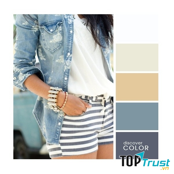 Gợi ý phối màu trang phục: Xám đen - Jean - vàng nhạt - trắng.