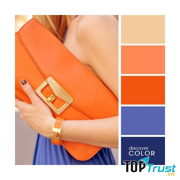 Gợi ý phối màu trang phục: Xanh đen - tím - cam.