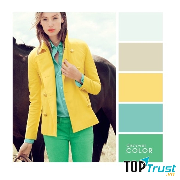 Gợi ý phối màu trang phục: Xanh lá - vàng chanh - xanh lơ.