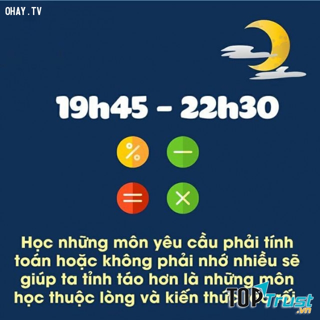 19h45 - 23h: Học các môn yêu cầu phải tính toán, không phải nhớ nhiều