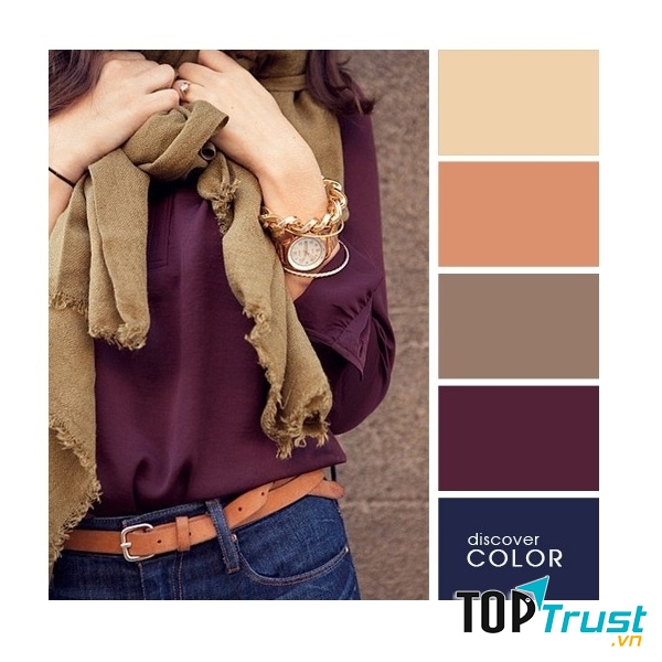 Gợi ý phối màu trang phục: Tím bầm - xanh đen - nude - cam.