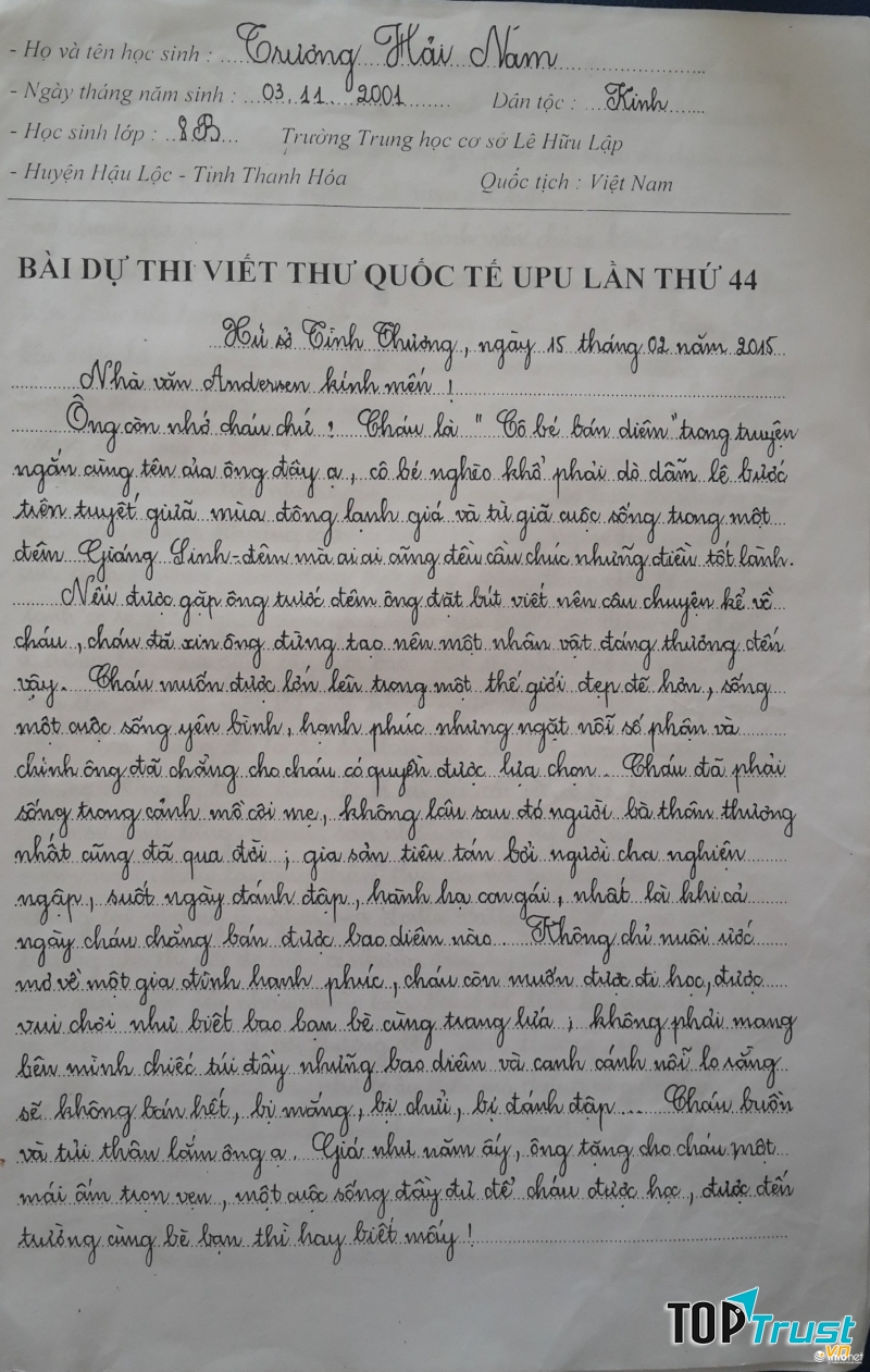 Bức thư đạt giải Nhất của Trương Hoài Nam