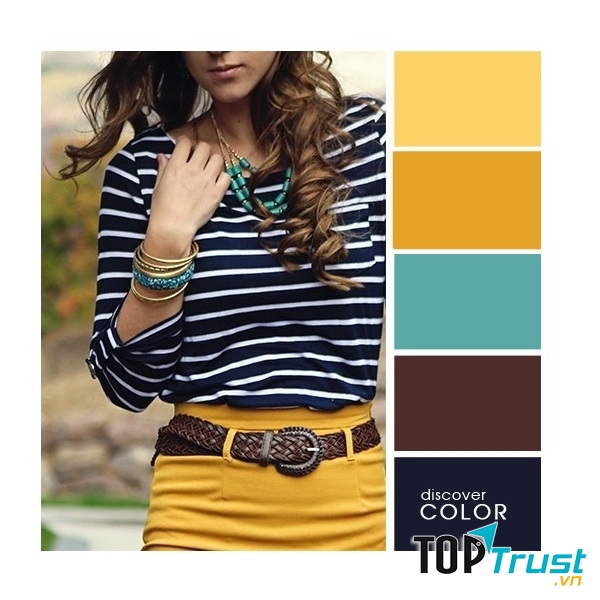 Gợi ý phối màu trang phục: Vàng - đen - trắng - xanh ngọc.