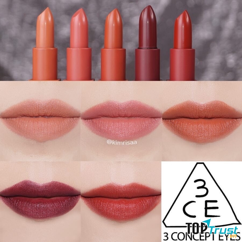 Swatch trọn collection 3CE Mood Recipe Matte gồm 5 màu ( nguồn website 3CE Cosmetic)