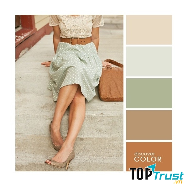 Gợi ý phối màu trang phục: Nâu đất - nâu nhạt - xanh mạ - nude.