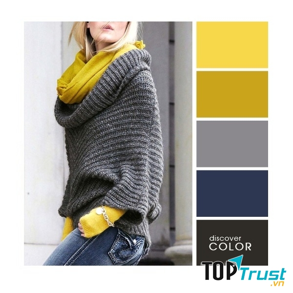 Gợi ý phối màu trang phục: Vàng - xám - xanh đen.