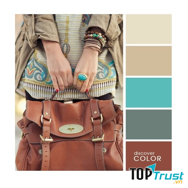 Gợi ý phối màu trang phục: Nâu đất - xanh rêu - xanh ngọc - nâu nhạt.