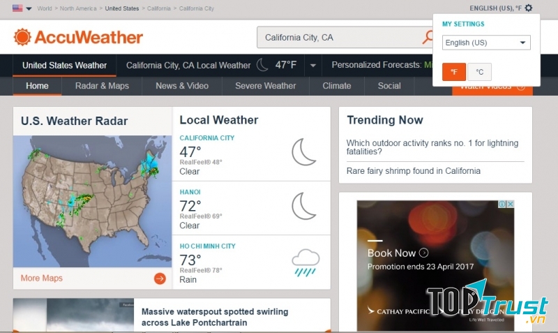 Giao diện của trang web thời tiết AccuWeather