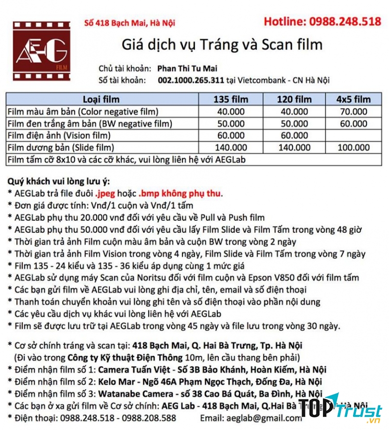 Bảng giá dịch vụ tráng và scan film tại AEG Lab