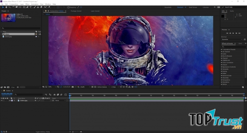 Giao diện After Effect đang làm hiệu ứng kỹ xảo cho video