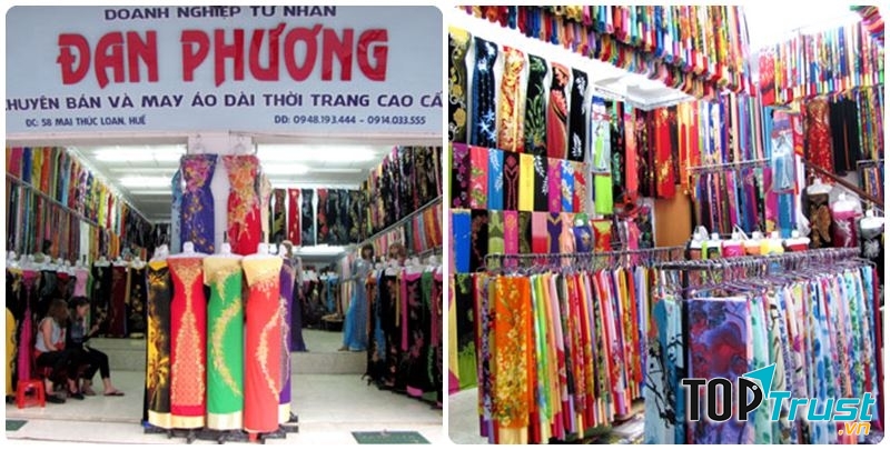 Hình ảnh cửa hàng và hệ thống vải áo dài phong phú của Đan Phương