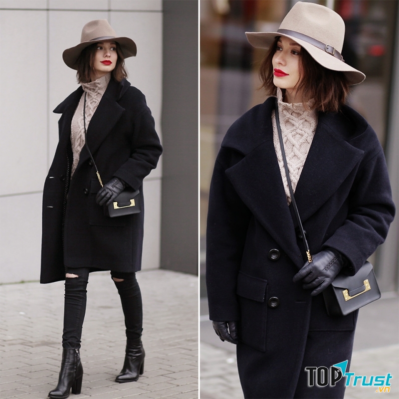 Áo khoác dạ với quần jean rách