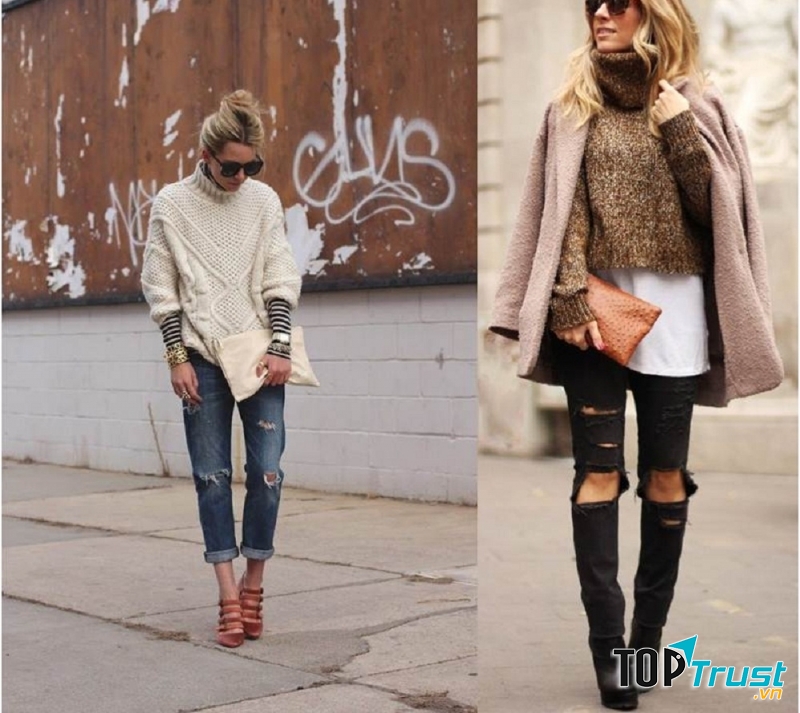 Áo len với quần jean rách