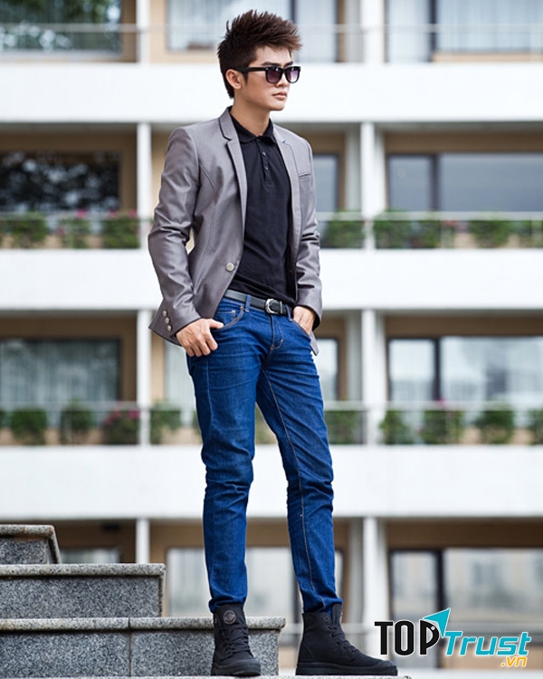 Áo pull cổ sơ mi nút + áo vest + quần jean