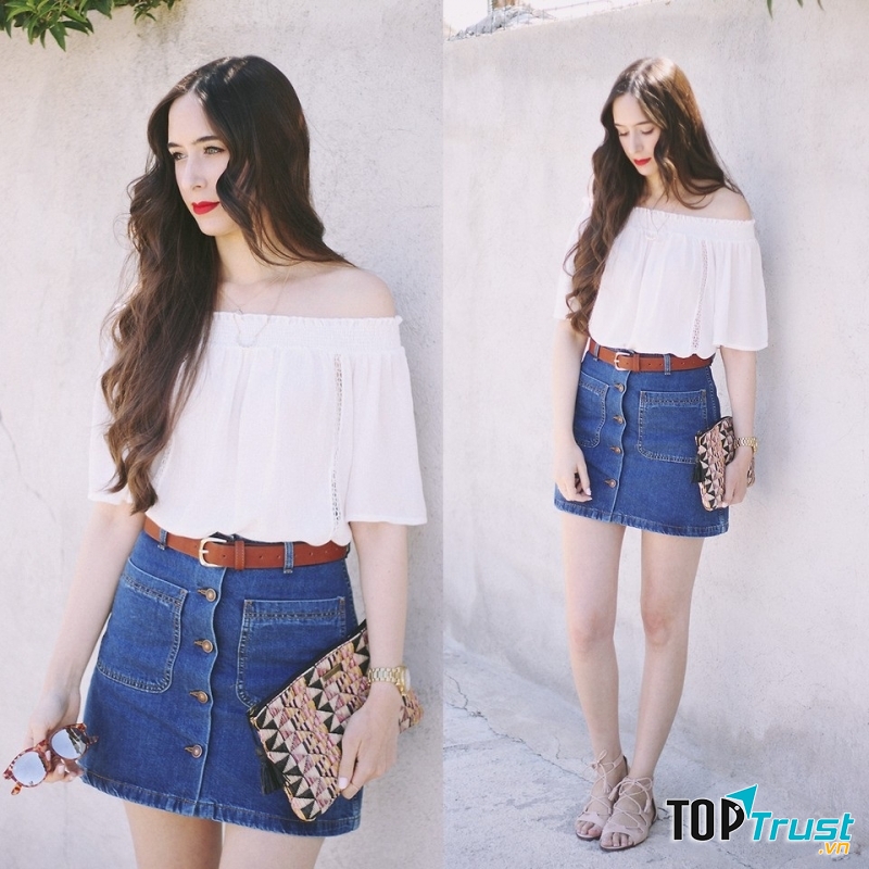 Sét đồ chân váy jean phối áo trễ vai luôn được các cô gái ưa thích
