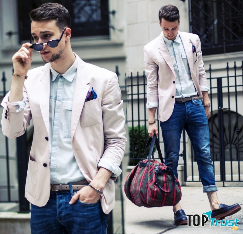 Áo vest + jean lững + sơ mi