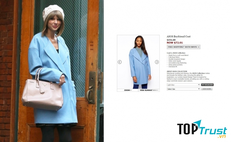 Taylor Swift gây chú ý khi diện chiếc áo khoác oversized màu powder blue của ASOS. Chiếc áo này có giá gốc là 151,6$ (~ 3,2 triệu VNĐ).