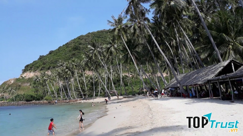 Hàng dừa duyên dáng bao bọc bờ biển làm nên vẻ đẹp dịu dàng cho Bãi Mến