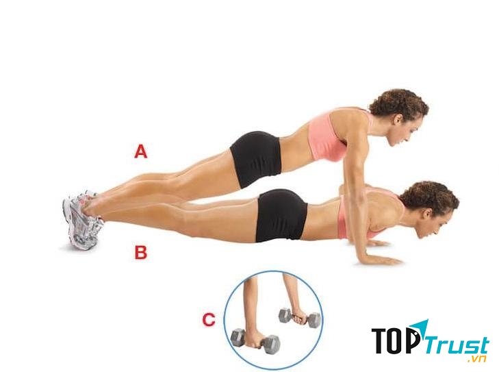 Bài chống đẩy cơ bản. Có thể dùng tạ nếu thấy khó khi sử dụng bàn tay để tập (Ảnh minh họa từ thehinh.com)