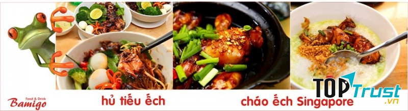 Tại đây, Bamigo phục vụ đa dạng món ăn như cháo ếch, hủ tiếu ếch, mì ếch,..