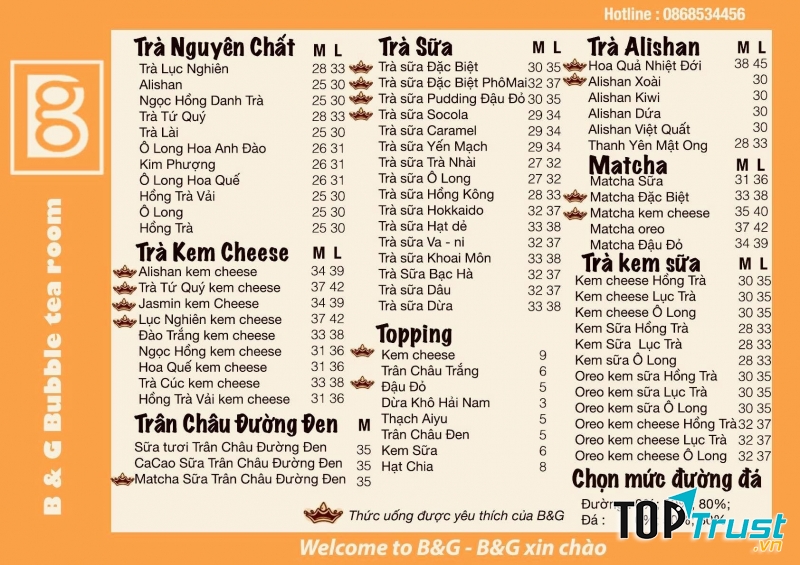Menu quán trà sữa B&G