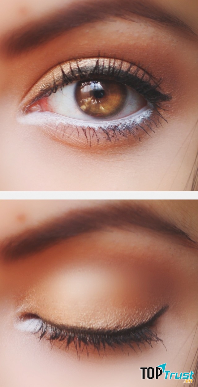 Chỉ cần một xíu phấn trắng ở mí dưới đã tạo nên sự khác biệt rất lớn cho đôi mắt của bạn