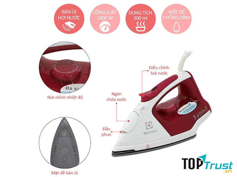Bàn ủi hơi nước Electrolux ESI-5226 với khả năng phun hơi nước giúp thấm đều, ẩm mềm vải