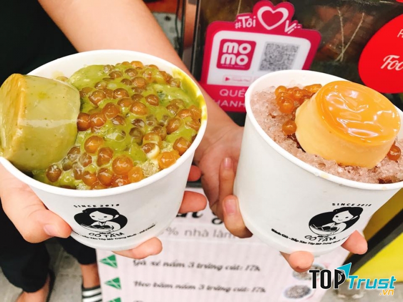 Cacao dầm trân châu bánh flan và Matcha dầm trân châu bánh flan