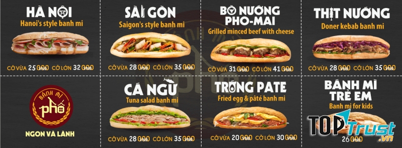 Bánh Mì Phố có thực đơn đa dạng cho khách hàng lựa chọn, từ size lớn cho người lớn và size nhỏ cho trẻ