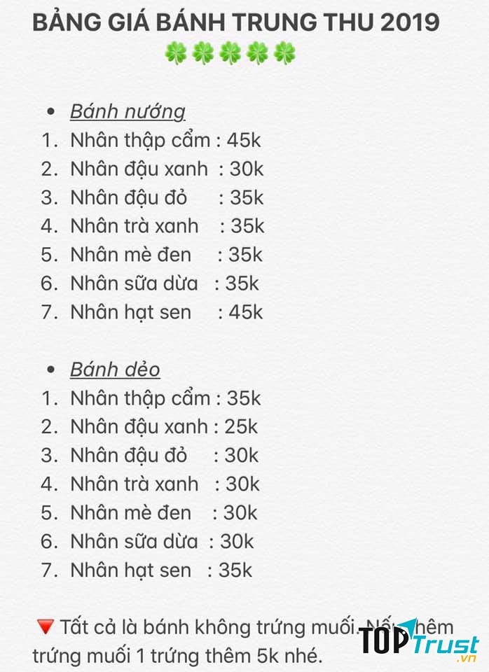Menu các loại bánh Trung thu của tiệm Lê Phương Thảo