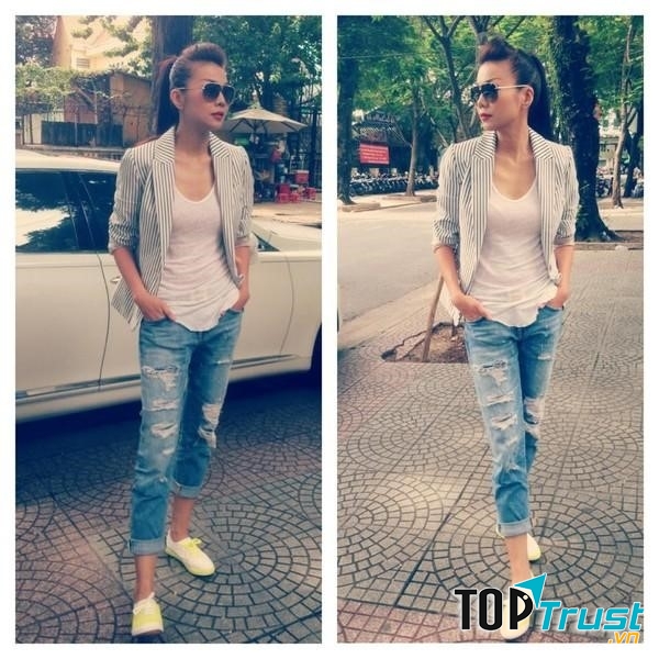 Bazer và quần jean rách