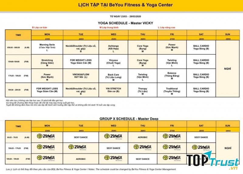 Lịch tập tại BeYou Fitness & Yoga Center
