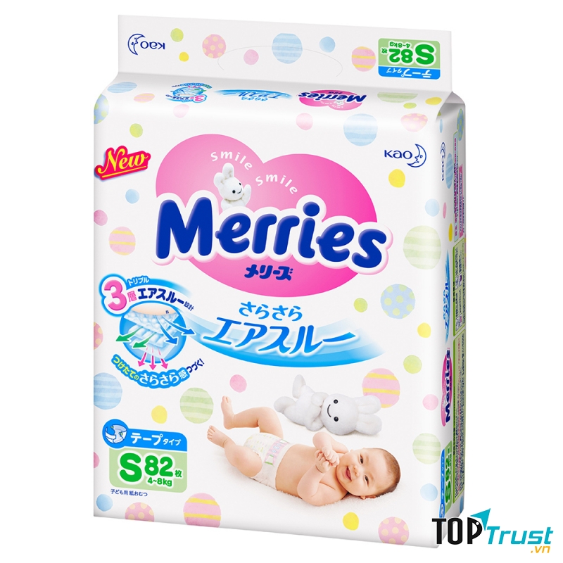 bỉm Merries của tập đoàn KAO Nhật Bản cung cấp loại bỉm tã cho trẻ sơ sinh và trẻ nhỏ đến 22 kg.