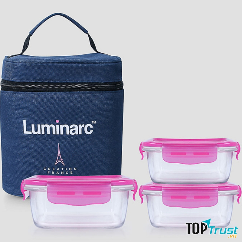 Bộ 3 Hộp Đựng Cơm Thủy Tinh Luminarc Pure Dahlia Vuông có túi LUHON8744