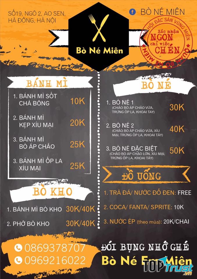 Menu tại Bò Né Miên