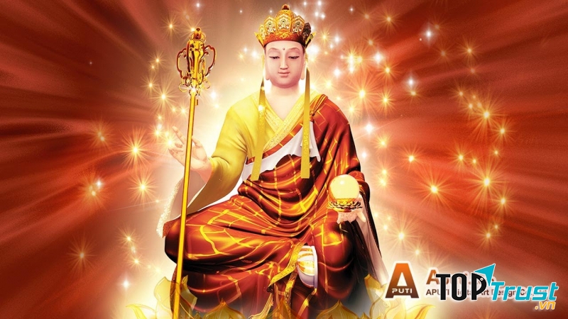 Hình ảnh Đại Bồ Tát Địa Tạng đầu đội mão, tay trái cầm viên châu, tay phải cầm tích trượng quen thuộc thường thấy nhất